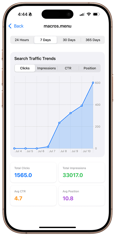 Search Console iOS App Screenshot showcasing the app's properties and settings